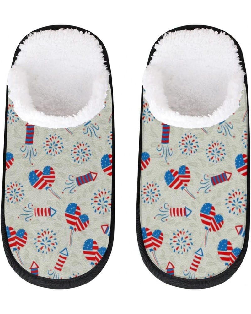 4th Of July Independence Day Travel Plush Slipper for Women Men, Oil Painting Warm Shoes Non-slip Cotton Plush Shoes Indoor W...