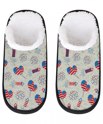 4th Of July Independence Day Travel Plush Slipper for Women Men, Oil Painting Warm Shoes Non-slip Cotton Plush Shoes Indoor W...