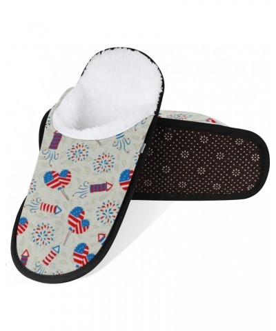 4th Of July Independence Day Travel Plush Slipper for Women Men, Oil Painting Warm Shoes Non-slip Cotton Plush Shoes Indoor W...