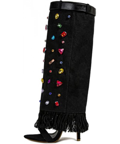 Women's Open Toe Knee High Heel Boots Colorful Diamond Embellished Denim Heels Boots Black $31.47 Boots