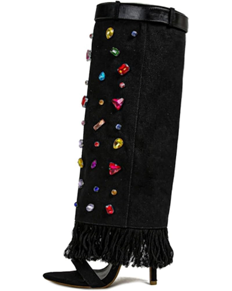 Women's Open Toe Knee High Heel Boots Colorful Diamond Embellished Denim Heels Boots Black $31.47 Boots