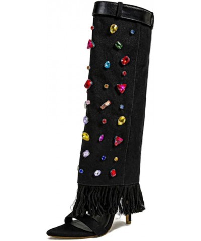 Women's Open Toe Knee High Heel Boots Colorful Diamond Embellished Denim Heels Boots Black $31.47 Boots