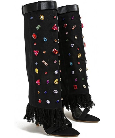 Women's Open Toe Knee High Heel Boots Colorful Diamond Embellished Denim Heels Boots Black $31.47 Boots