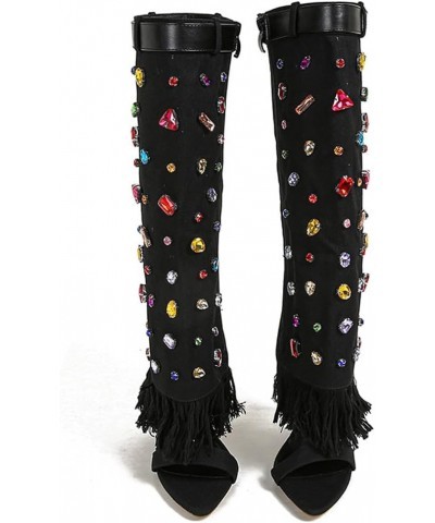 Women's Open Toe Knee High Heel Boots Colorful Diamond Embellished Denim Heels Boots Black $31.47 Boots