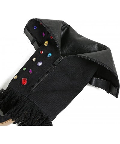 Women's Open Toe Knee High Heel Boots Colorful Diamond Embellished Denim Heels Boots Black $31.47 Boots