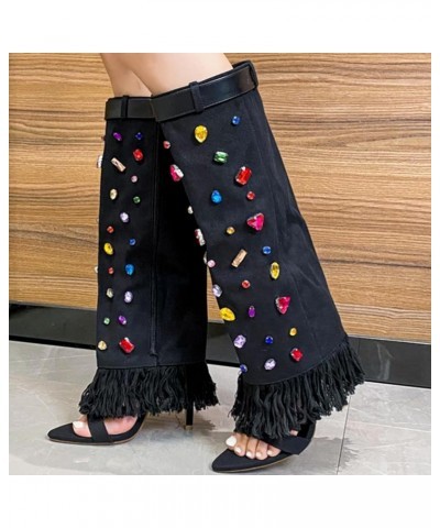 Women's Open Toe Knee High Heel Boots Colorful Diamond Embellished Denim Heels Boots Black $31.47 Boots