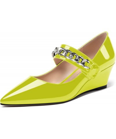 Women's Dating Fashion Velcro Pointed Toe Solid Patent Self Tie Mary Jane Wedge Low Heel Pumps Shoes 2 Inch Yellow Green $38....