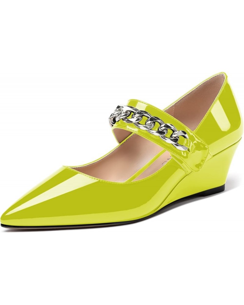 Women's Dating Fashion Velcro Pointed Toe Solid Patent Self Tie Mary Jane Wedge Low Heel Pumps Shoes 2 Inch Yellow Green $38....