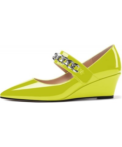 Women's Dating Fashion Velcro Pointed Toe Solid Patent Self Tie Mary Jane Wedge Low Heel Pumps Shoes 2 Inch Yellow Green $38....