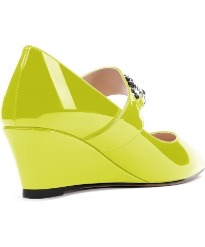 Women's Dating Fashion Velcro Pointed Toe Solid Patent Self Tie Mary Jane Wedge Low Heel Pumps Shoes 2 Inch Yellow Green $38....