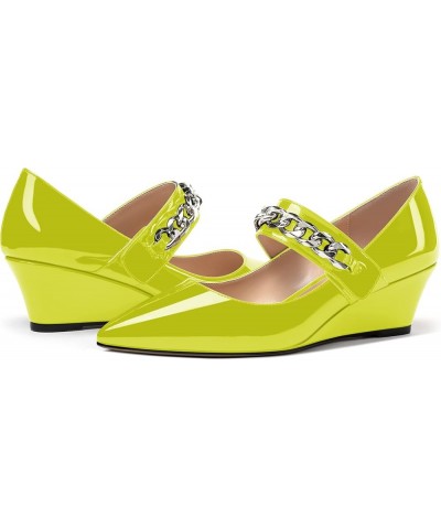 Women's Dating Fashion Velcro Pointed Toe Solid Patent Self Tie Mary Jane Wedge Low Heel Pumps Shoes 2 Inch Yellow Green $38....