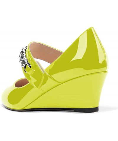 Women's Dating Fashion Velcro Pointed Toe Solid Patent Self Tie Mary Jane Wedge Low Heel Pumps Shoes 2 Inch Yellow Green $38....