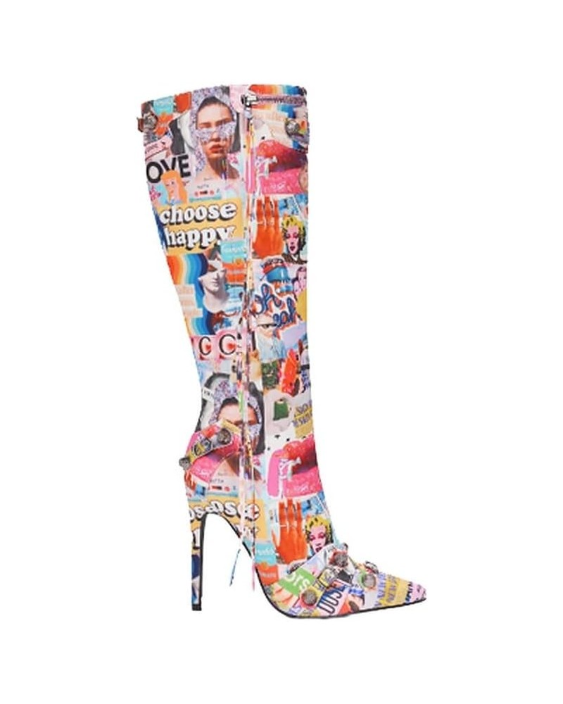 Womem Knee High Boots Pointed Toe Stiletto Heels Side Zipper Rivets Tassels Boots Print-multi $25.00 Boots