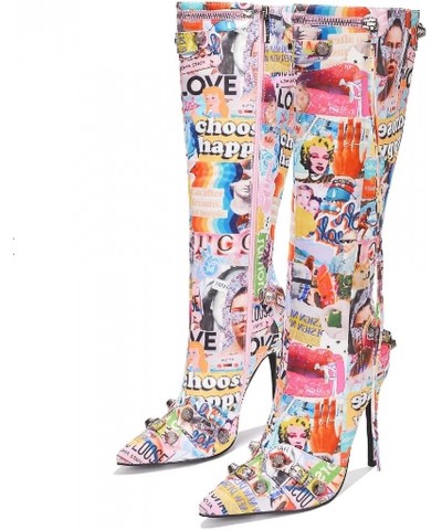 Womem Knee High Boots Pointed Toe Stiletto Heels Side Zipper Rivets Tassels Boots Print-multi $25.00 Boots