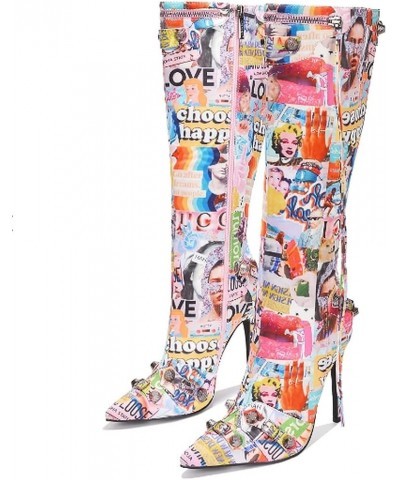 Womem Knee High Boots Pointed Toe Stiletto Heels Side Zipper Rivets Tassels Boots Print-multi $25.00 Boots