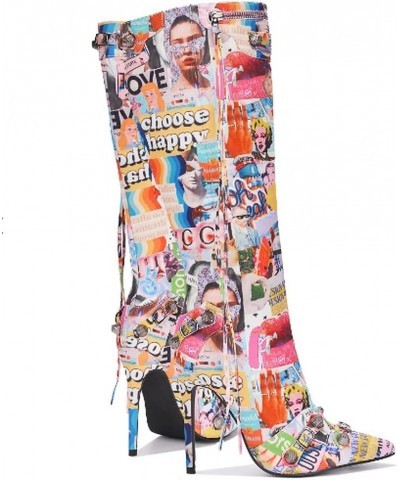 Womem Knee High Boots Pointed Toe Stiletto Heels Side Zipper Rivets Tassels Boots Print-multi $25.00 Boots