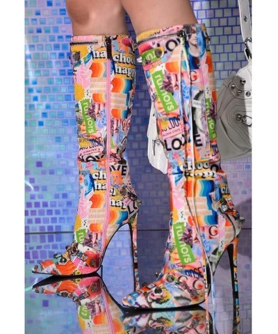 Womem Knee High Boots Pointed Toe Stiletto Heels Side Zipper Rivets Tassels Boots Print-multi $25.00 Boots