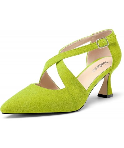 Womens Mid Heel Pointed Toe Pumps Cross-Strap Ankle Strap Buckle Prom Wedding Basic Classic Summer 2.6 Inches Heels Lime Gree...