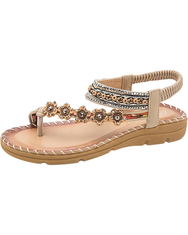 Flat Sandals, Summer Womens Retro Sandals Beach Beaded Metal Rhinestone Pearl Flat Shoes Z 12-beige $11.99 Sandals