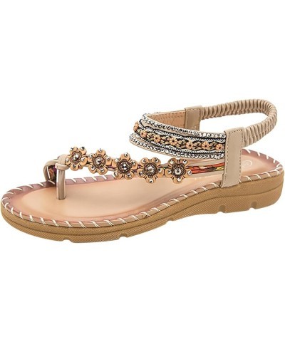 Flat Sandals, Summer Womens Retro Sandals Beach Beaded Metal Rhinestone Pearl Flat Shoes Z 12-beige $11.99 Sandals