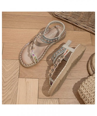 Flat Sandals, Summer Womens Retro Sandals Beach Beaded Metal Rhinestone Pearl Flat Shoes Z 12-beige $11.99 Sandals