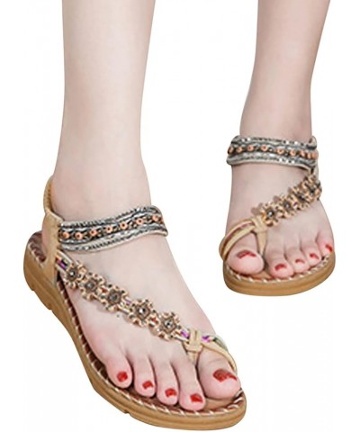 Flat Sandals, Summer Womens Retro Sandals Beach Beaded Metal Rhinestone Pearl Flat Shoes Z 12-beige $11.99 Sandals