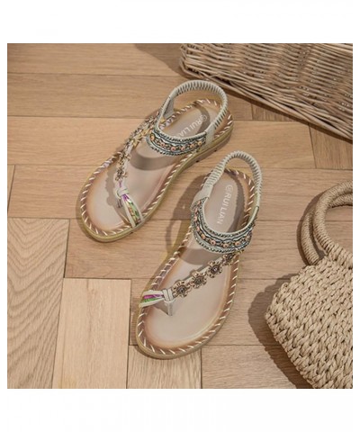 Flat Sandals, Summer Womens Retro Sandals Beach Beaded Metal Rhinestone Pearl Flat Shoes Z 12-beige $11.99 Sandals