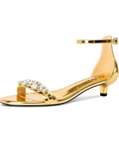 Womens Low Kitten Heel Peep Open Toe Ankle Strap Sandals Rhinestone Crystal Buckle Office Summer Dress 1.4 Inches Heels Gold ...