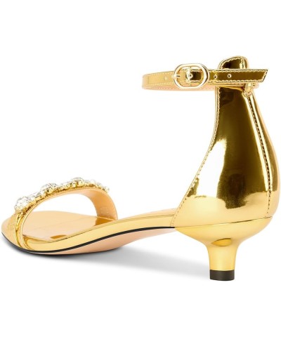 Womens Low Kitten Heel Peep Open Toe Ankle Strap Sandals Rhinestone Crystal Buckle Office Summer Dress 1.4 Inches Heels Gold ...