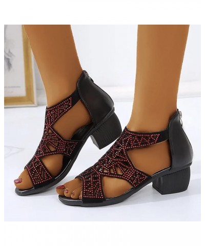 2 Strap Sandals Women Tan Summer New Large Roman Medium Heel Rhinestone Fish Mouth Back Zipper Sandals Red $19.22 Sandals