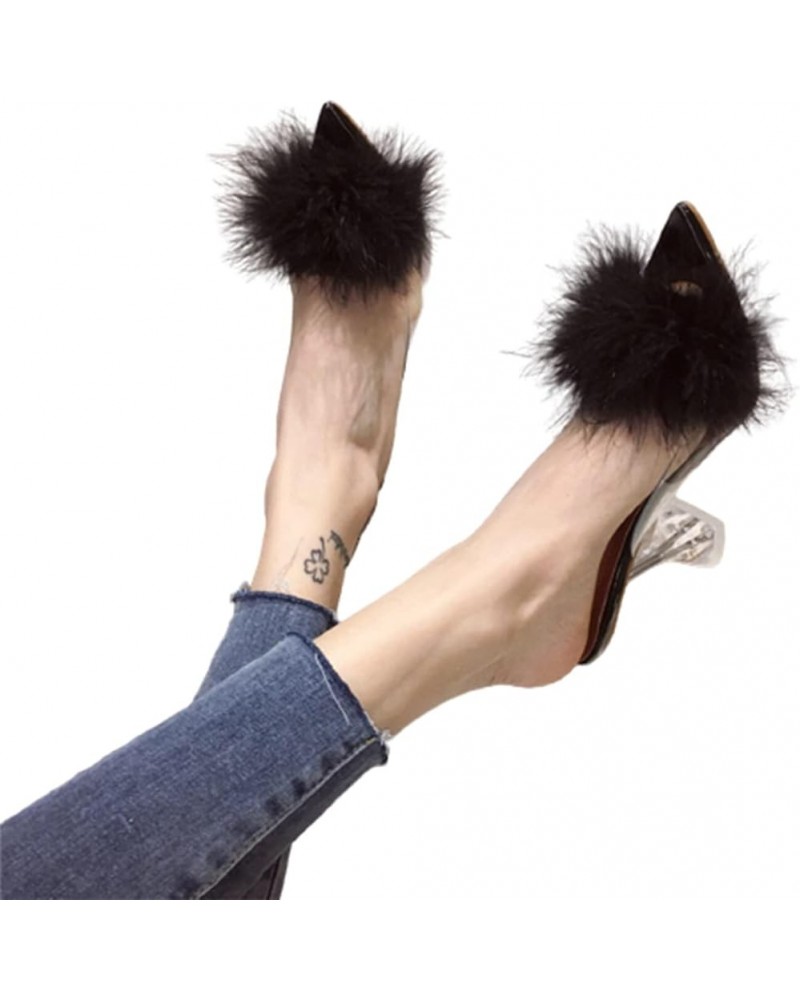 PVC Shoes Woman Feather Transparent High Heels Fur Pumps Slippers Women Peep Toe Mules Lady Pumps Slides White 40 Black $34.5...