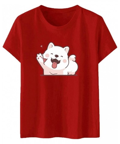 2024 Womens Fashion Cute Dog Print Round Neck Short Sleeve Sports Casual Top T Shirt Women Long Sleeve Cotton T Red $10.19 Fa...