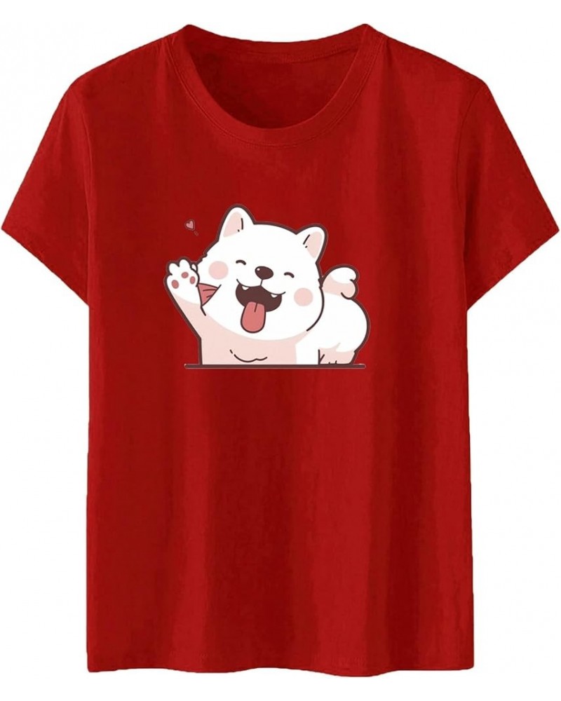 2024 Womens Fashion Cute Dog Print Round Neck Short Sleeve Sports Casual Top T Shirt Women Long Sleeve Cotton T Red $10.19 Fa...