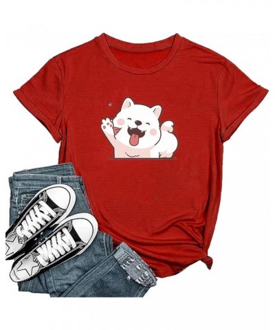 2024 Womens Fashion Cute Dog Print Round Neck Short Sleeve Sports Casual Top T Shirt Women Long Sleeve Cotton T Red $10.19 Fa...