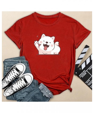 2024 Womens Fashion Cute Dog Print Round Neck Short Sleeve Sports Casual Top T Shirt Women Long Sleeve Cotton T Red $10.19 Fa...