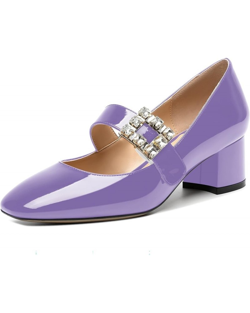 Womens Rhinestone Wedding Square Toe Dress Patent Ankle Strap Solid Bungee Chunky Low Heel Pumps Shoes 2 Inch Lavender $37.48...