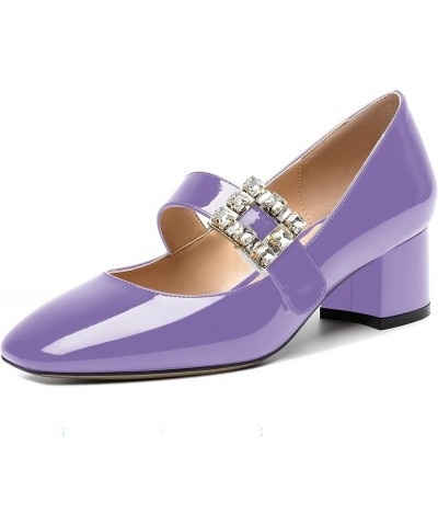 Womens Rhinestone Wedding Square Toe Dress Patent Ankle Strap Solid Bungee Chunky Low Heel Pumps Shoes 2 Inch Lavender $37.48...