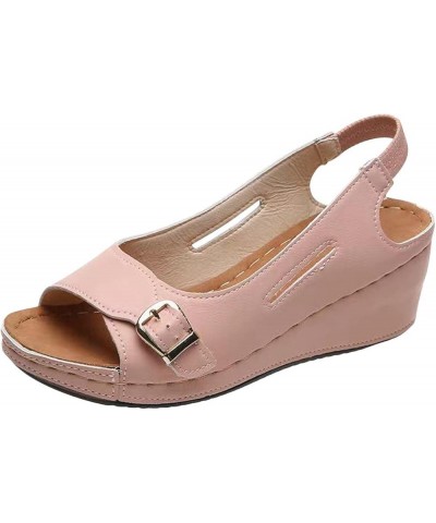 Women's Open Toe Buckle Ankle Strap Platform Wedge Sandals Vintage Wedge Heel Low Fish Mouth Roman Sandals 7.5 Pink $16.51 Ou...