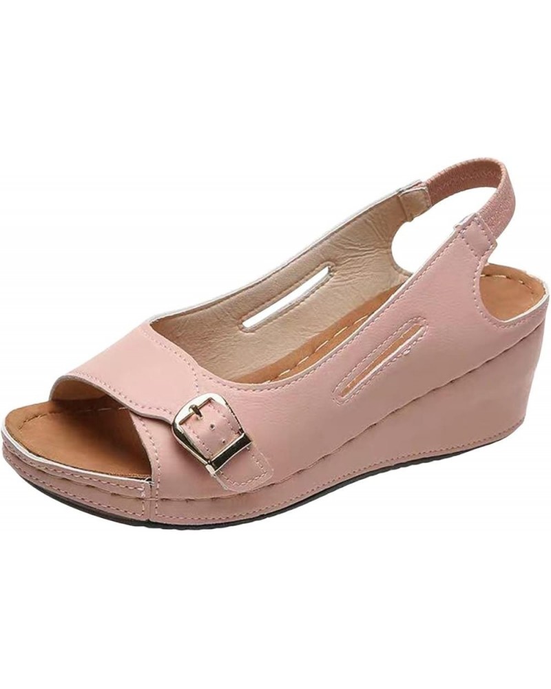 Women's Open Toe Buckle Ankle Strap Platform Wedge Sandals Vintage Wedge Heel Low Fish Mouth Roman Sandals 7.5 Pink $16.51 Ou...