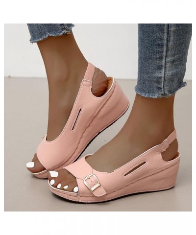 Women's Open Toe Buckle Ankle Strap Platform Wedge Sandals Vintage Wedge Heel Low Fish Mouth Roman Sandals 7.5 Pink $16.51 Ou...