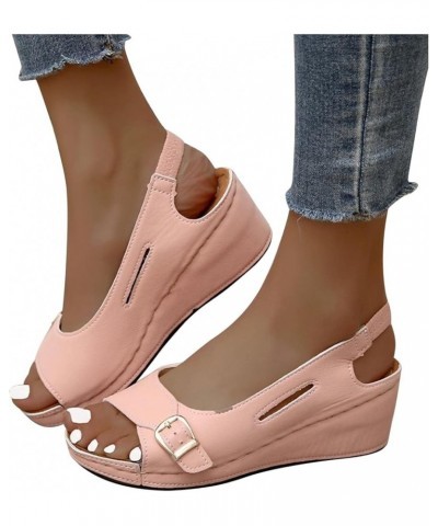 Women's Open Toe Buckle Ankle Strap Platform Wedge Sandals Vintage Wedge Heel Low Fish Mouth Roman Sandals 7.5 Pink $16.51 Ou...