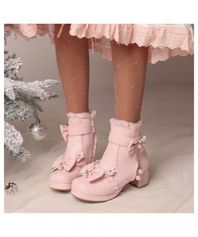 Ladies Fashion Solid Color Leather Bowknot Beaded Tassel Thick Heel Short Boots Womens Low Boots (Black, 9) Pink 9 $29.82 Boots