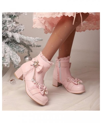 Ladies Fashion Solid Color Leather Bowknot Beaded Tassel Thick Heel Short Boots Womens Low Boots (Black, 9) Pink 9 $29.82 Boots