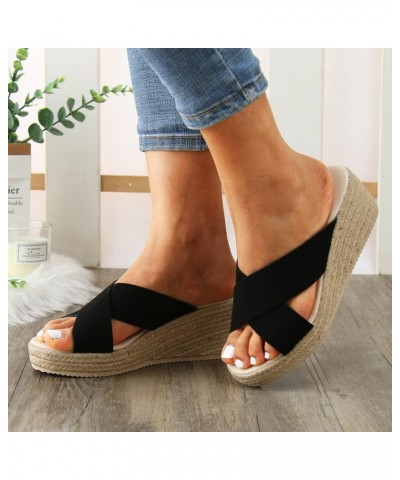 Women Solid Flock Espadrille Platform Sandals Breathable Crisscross Band Fish Mouth Slippers Ladies Non Slip 9 Black $25.50 S...