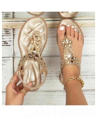 Wedge Sandals for Women Casual Summer,Women's Boho Floral Rhinestone Wedge Elastic Strap Clip Toe Flip Flops Sandals Gold $16...