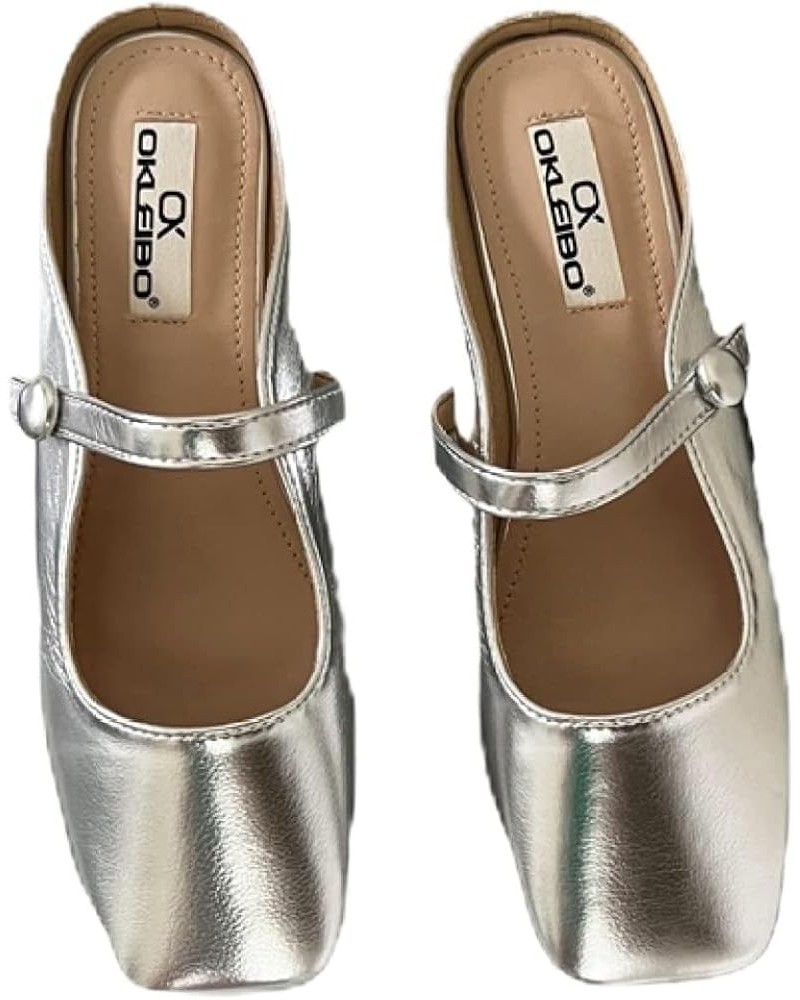 Mules for Women Flats Adjustable Strap Square Toe Patent Leather Mary Janes Backless Slip On Loafers Shoes Silver $29.61 Mule...