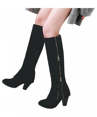 Boots for Women Knee High,Winter Thick High Heels Round Head Side Zipper Fashion Handsome Retro High Knee High Boots A Black ...