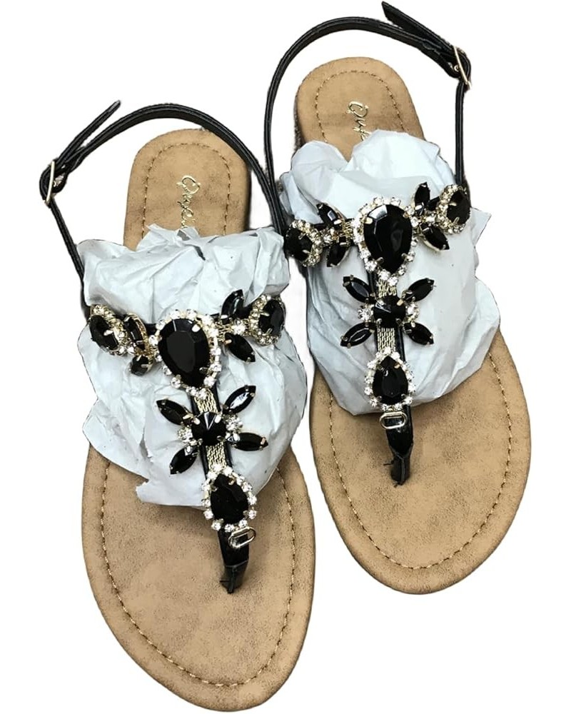 Women's Rhinestone T-Strap Gladiator Bohemian Flat Sandals Flip Flops with Clip Toe Crystal Jeweled Sparkling Sandals for Bea...