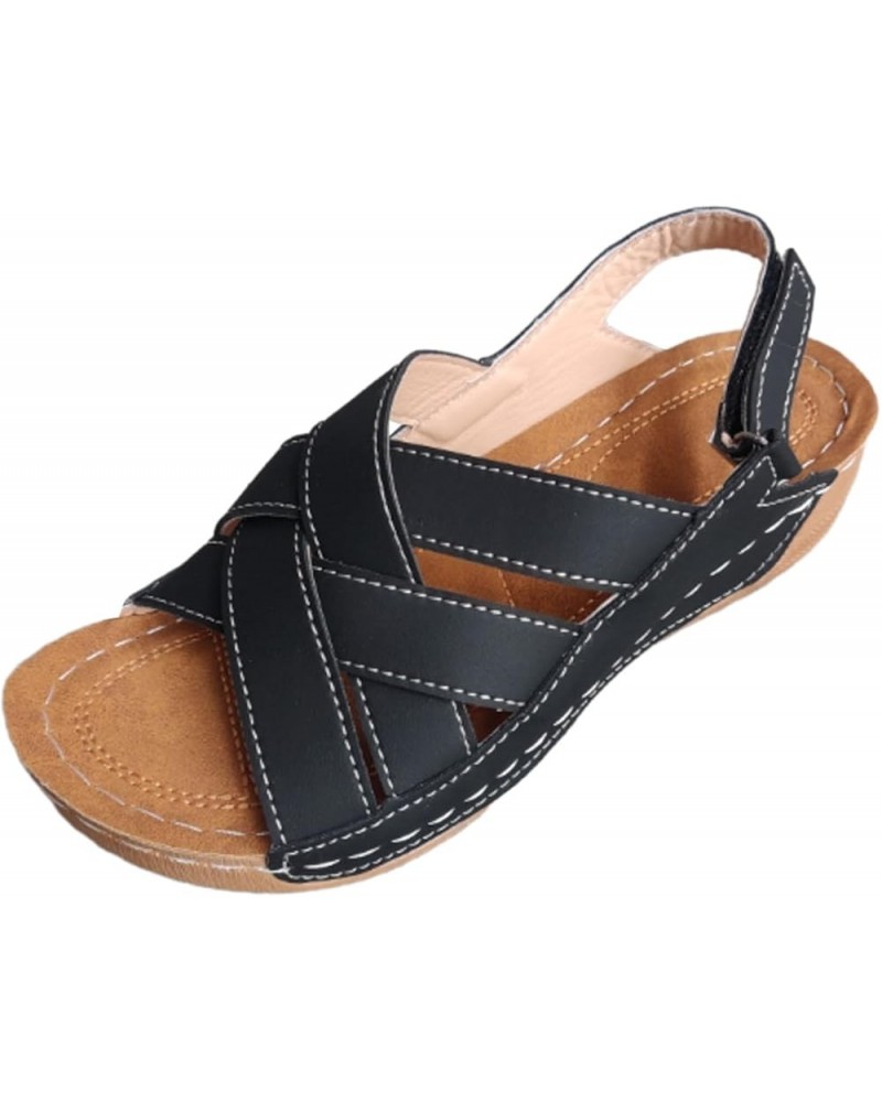 Womens Sandals Comfortable Ladies Summer Retro Slope Heel Sandals Thick Bottom Buckle Strap Fish Mouth Sandals Solid Black $1...