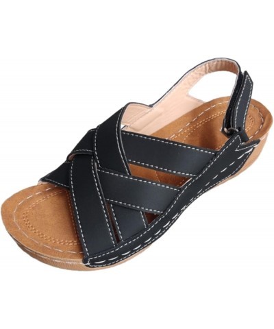 Womens Sandals Comfortable Ladies Summer Retro Slope Heel Sandals Thick Bottom Buckle Strap Fish Mouth Sandals Solid Black $1...